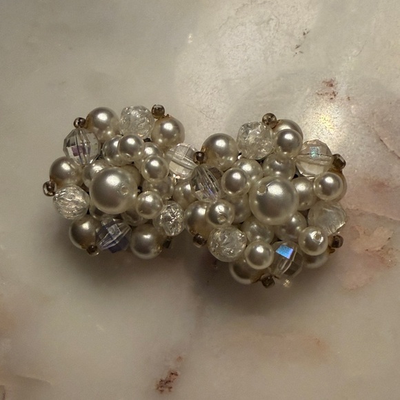 Vintage Beaded Faux Pearl AB Cluster Clip-On Earrings Made in Germany - Picture 6 of 6